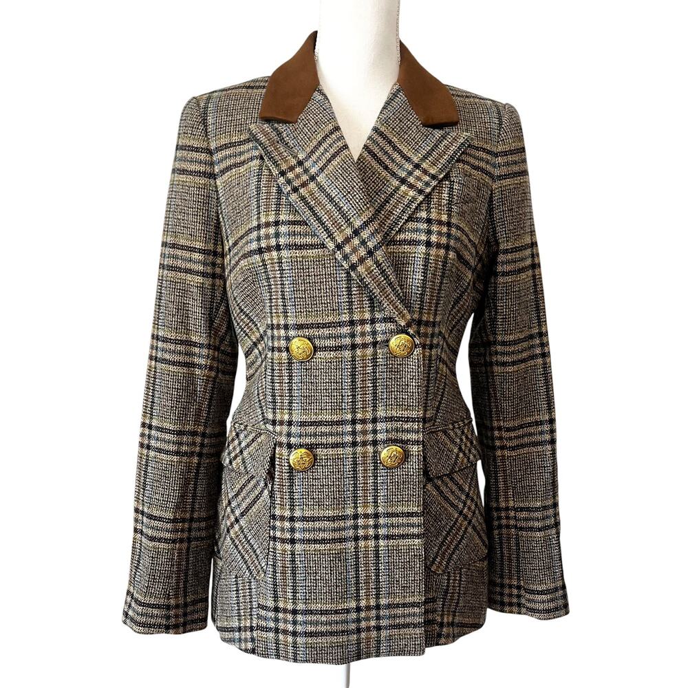 NWT SMYTHE Patch Pocket Wedding Blazer Tan Plaid Gold Buttons Size 8 - Picture 3 of 12